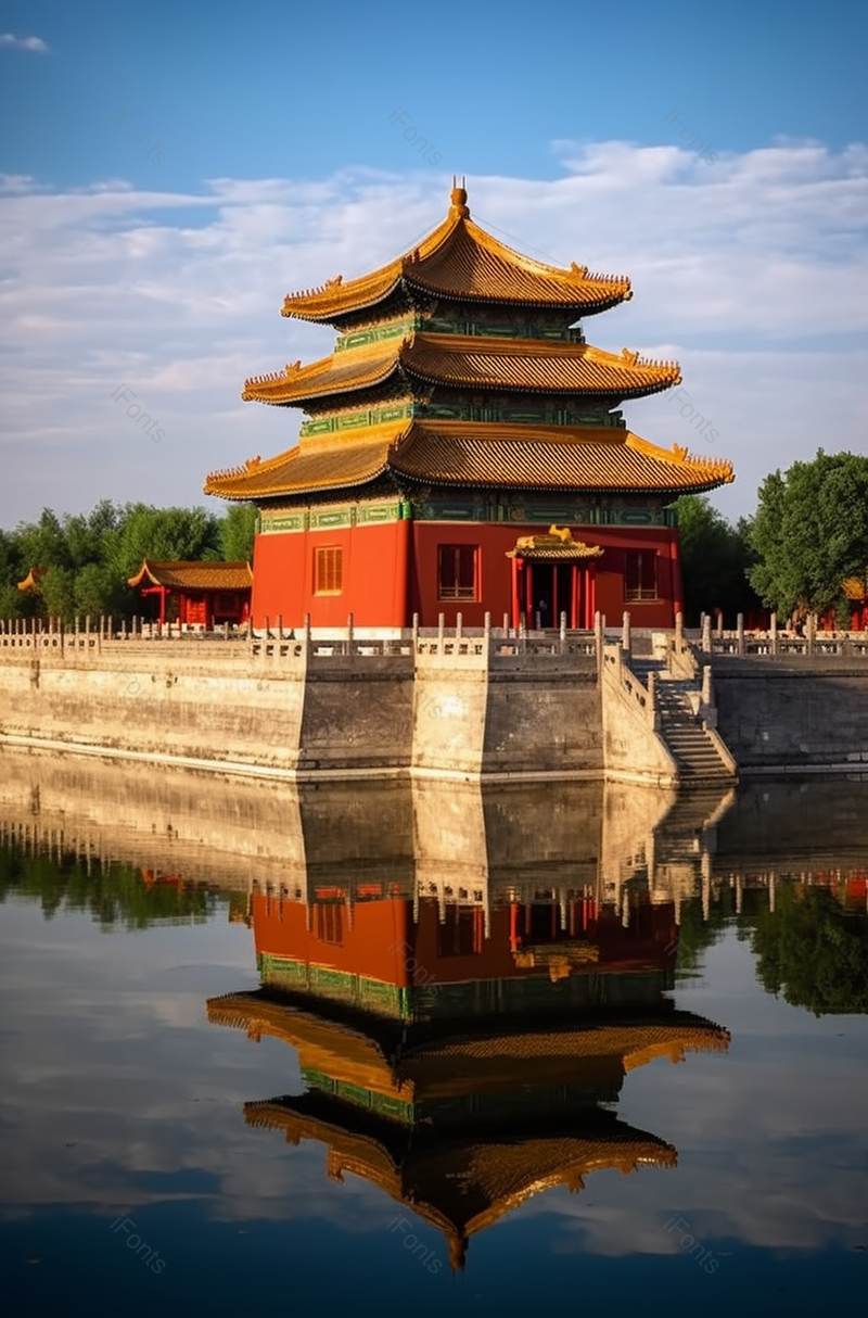 北京故宫日景蓝天白云中国文化建筑城墙湖泊水面反射倒影室外无人场景图像摄影,高清,摄影图,摄影图片,图片大全,摄影图免费下载